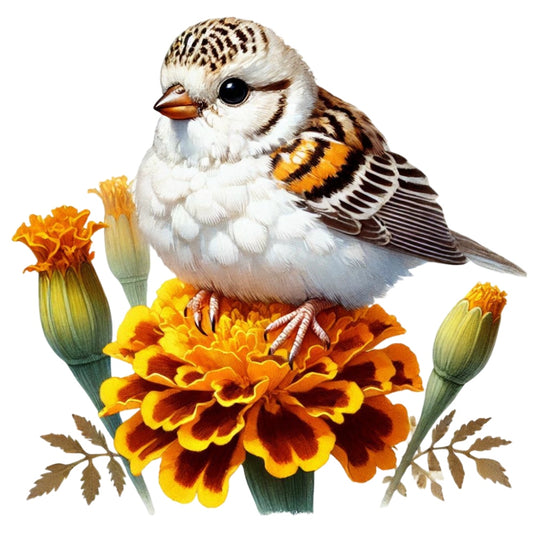 Spring Birds and Flowers Fabric Panel 9 featuring a detailed bird perched on vibrant orange marigold flowers on premium quilting cotton.