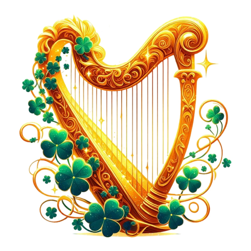St. Patrick's Day Elements Fabric Panel 12 featuring a golden ornate harp adorned with green shamrocks and swirling vines.