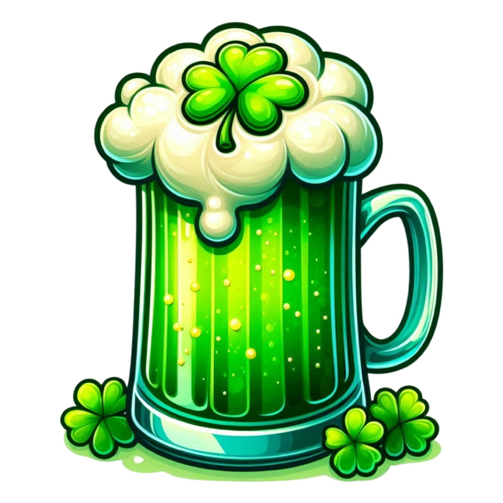 St. Patrick's Day Elements Fabric Panel 16 featuring a green beer mug with foam and shamrocks for festive quilting projects.