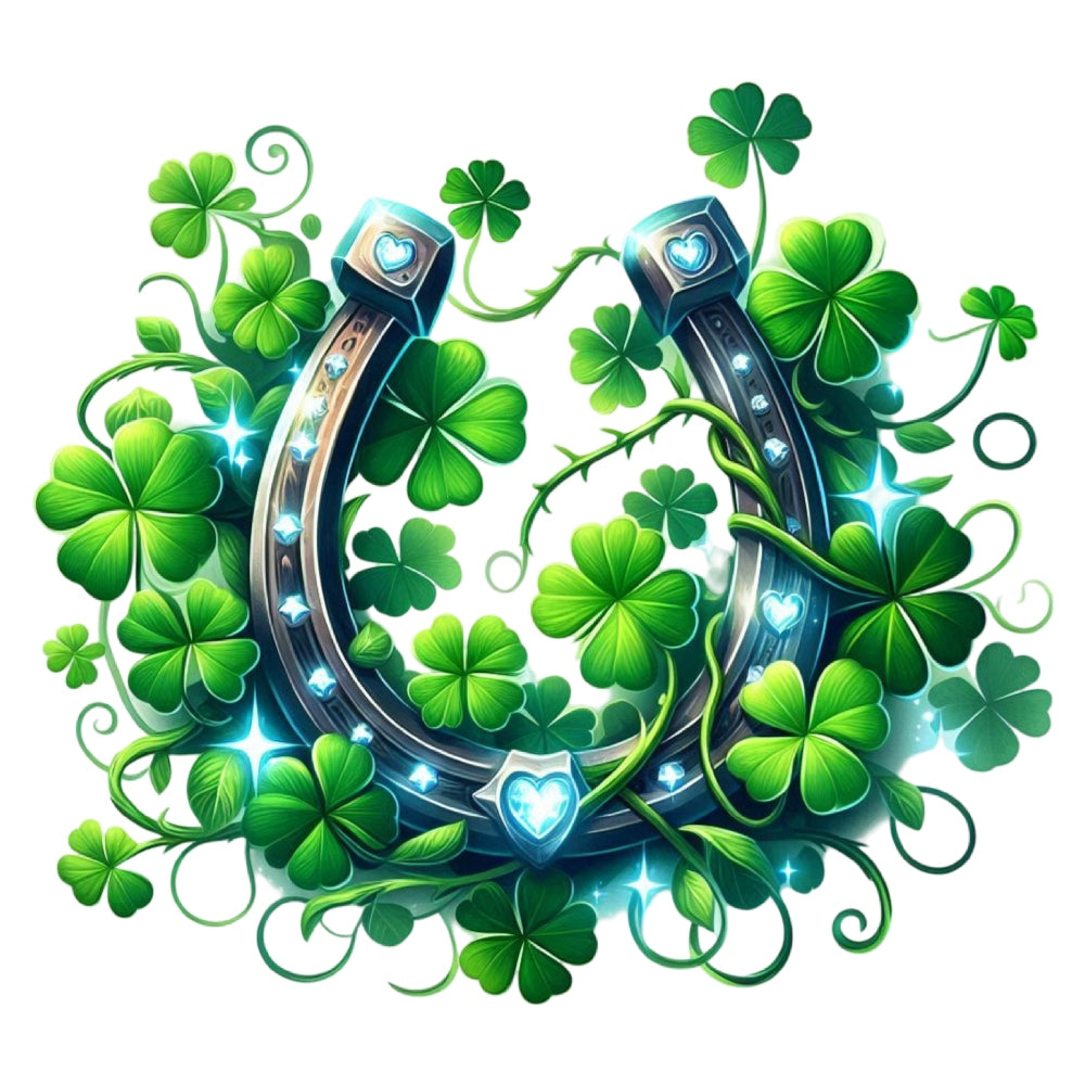 St. Patrick's Day Elements Fabric Panel 21 featuring a shiny horseshoe surrounded by vibrant green clovers and swirling vines.