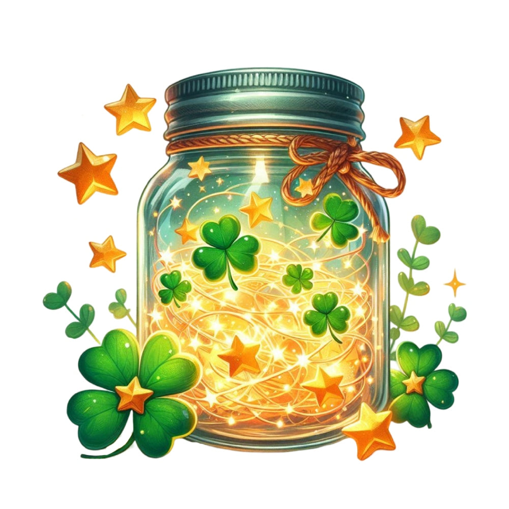 St. Patrick's Day Elements Fabric Panel 4 featuring glowing jar with shamrocks and gold stars on premium quilting cotton.