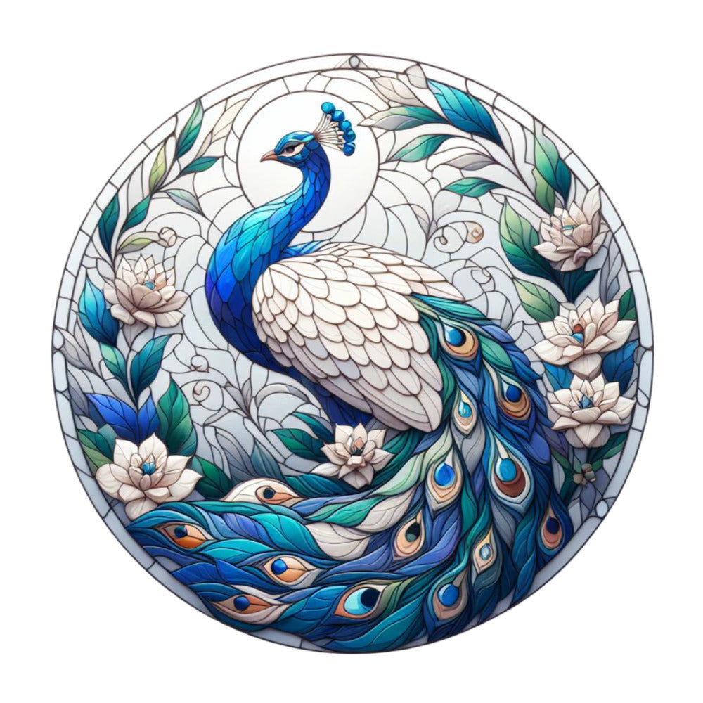 Stained Glass Peacocks Fabric Panel 1 features a vibrant quilted peacock design with blue and green hues on premium cotton.