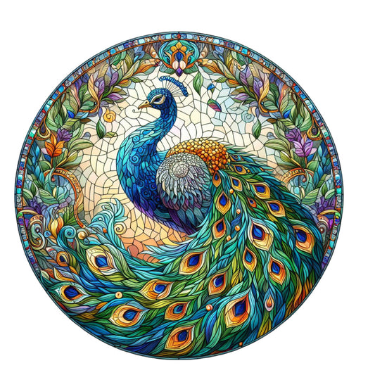 Stained Glass Peacocks Fabric Panel 11 featuring a vibrant peacock design with intricate stained glass style on premium quilting cotton.