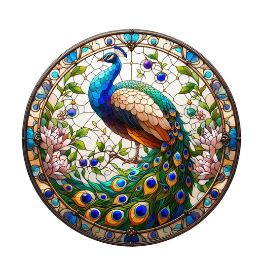 Stained Glass Peacocks Fabric Panel 13 featuring a vibrant peacock design in rich colors on premium quilting cotton fabric.