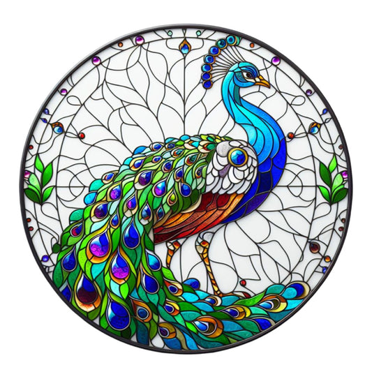 Stained Glass Peacocks Fabric Panel 14 featuring a vibrant blue and green peacock design on premium quilting cotton printed in the USA.