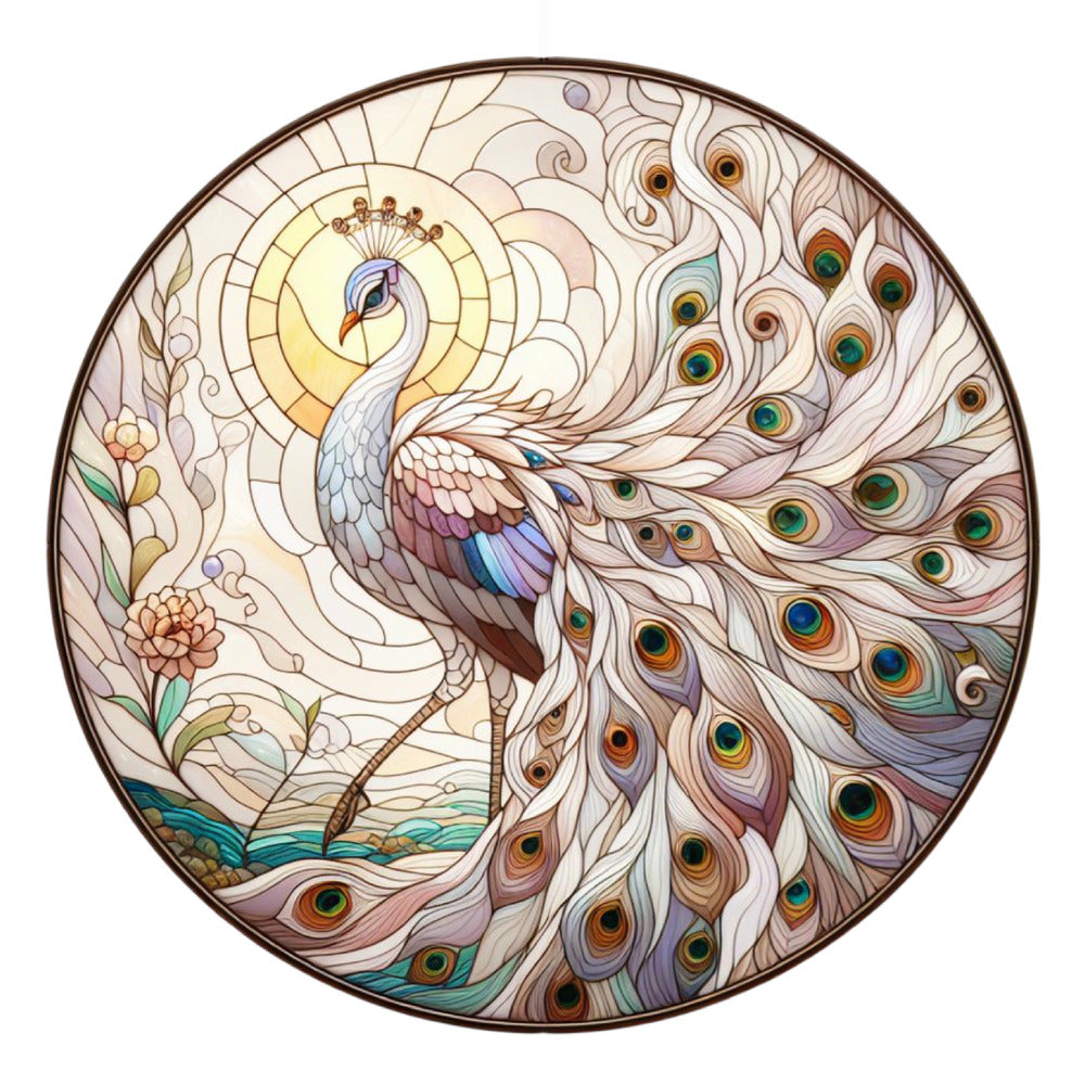 Stained Glass Peacocks Fabric Panel 15 features a detailed, colorful stained glass style peacock with a flowing tail.