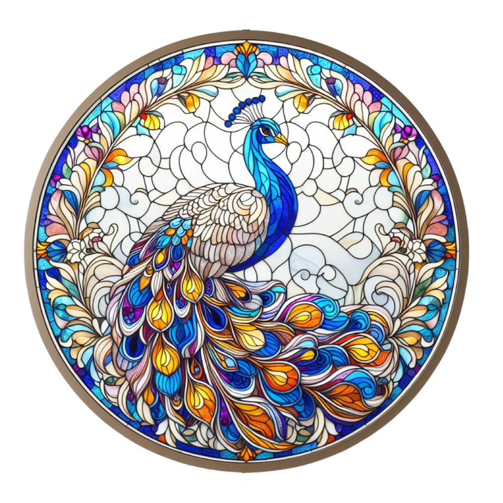 Stained Glass Peacocks Fabric Panel 7 shows a colorful blue and orange peacock in a stained glass style.