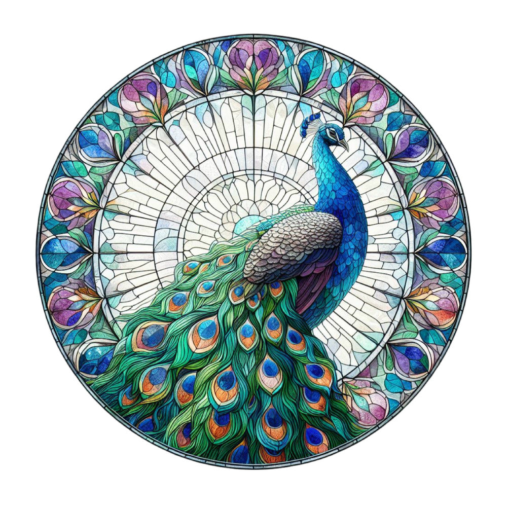 Stained Glass Peacocks Fabric Panel 9 featuring vibrant stained glass style peacock with colorful feathers in circular design