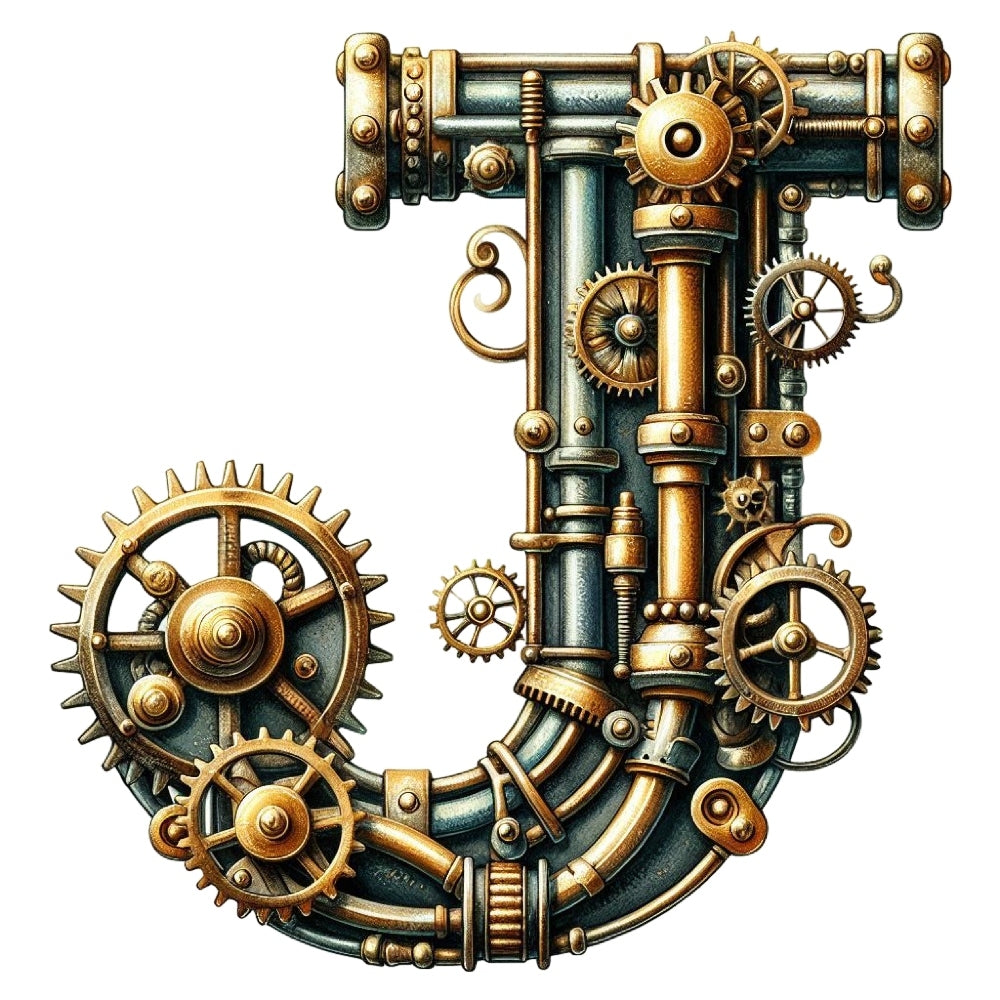 Steampunk Letter J Fabric Panel featuring intricate metallic gears and pipes on premium quilting cotton printed in the USA.