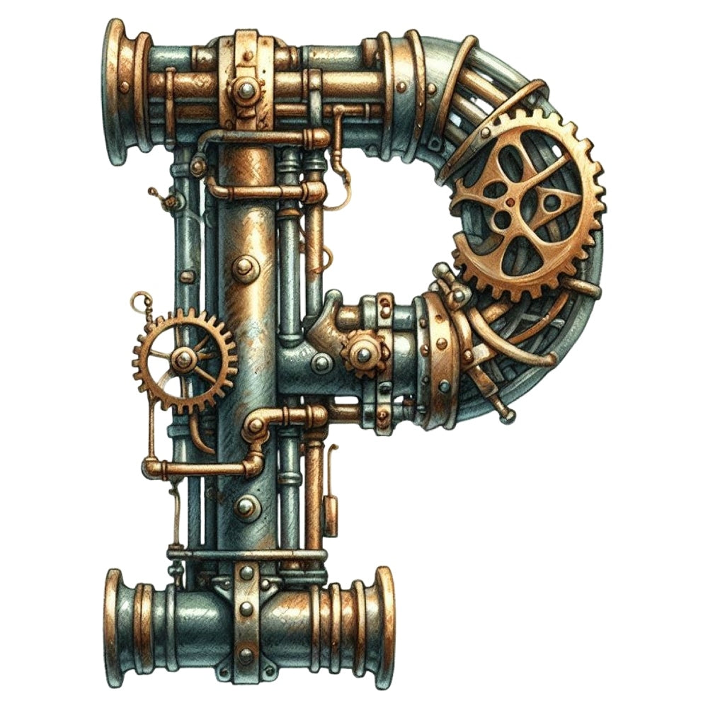 Steampunk Letter P Fabric Panel featuring intricate metallic gears and pipes design printed on premium quilting cotton