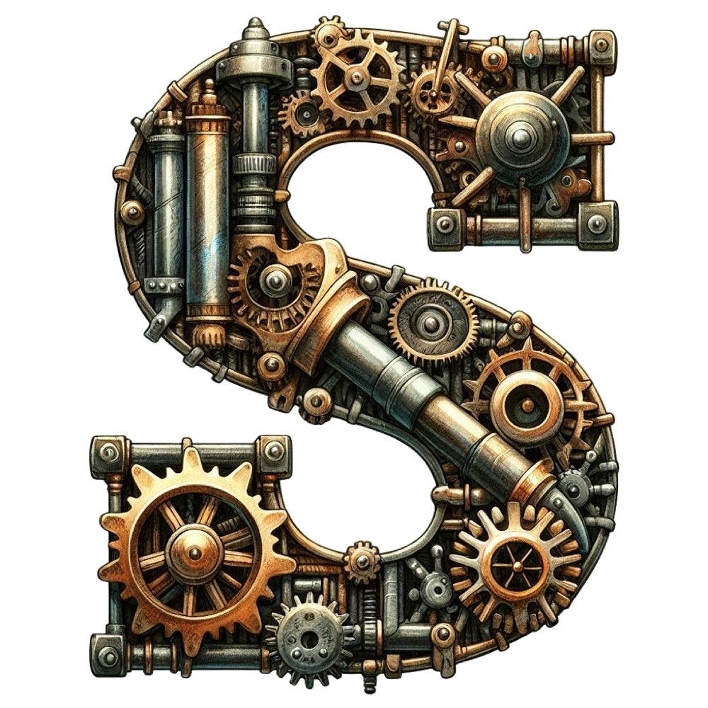 Steampunk Letter S Fabric Panel featuring intricate vintage gears and mechanical elements in bronze and metallic tones.