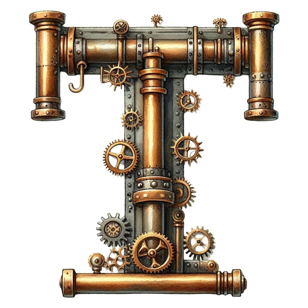 Steampunk Letter T Fabric Panel featuring intricate metallic gears and pipes design on premium quilting cotton.
