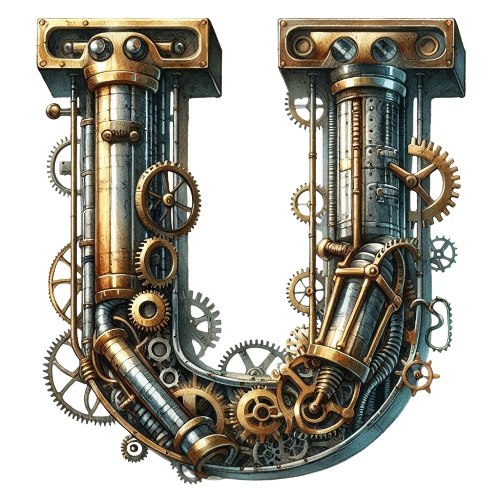 Steampunk Letter U Fabric Panel featuring intricate metallic gears and pipes design on premium quilting cotton fabric.