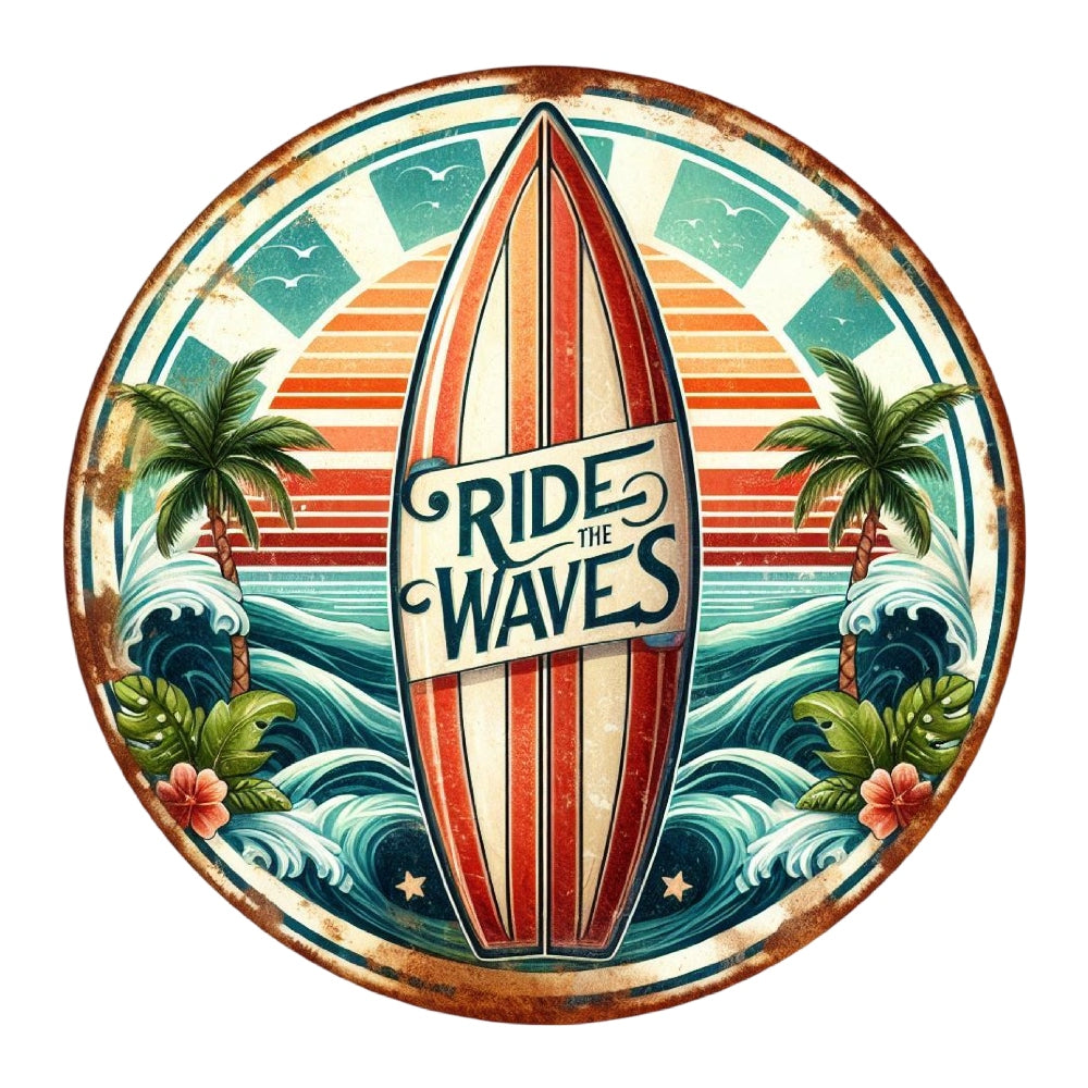 Summer Beach Round Fabric Panel 10 featuring vintage surfboard and tropical waves on premium quilting cotton.