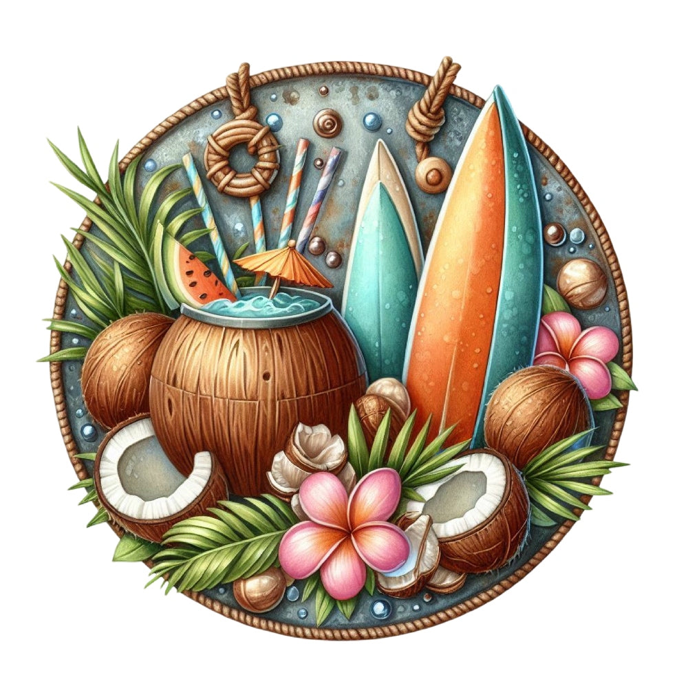 Summer Beach Round Fabric Panel 15 showcasing tropical coconuts, surfboards, flowers, and palm leaves in vibrant summer colors.