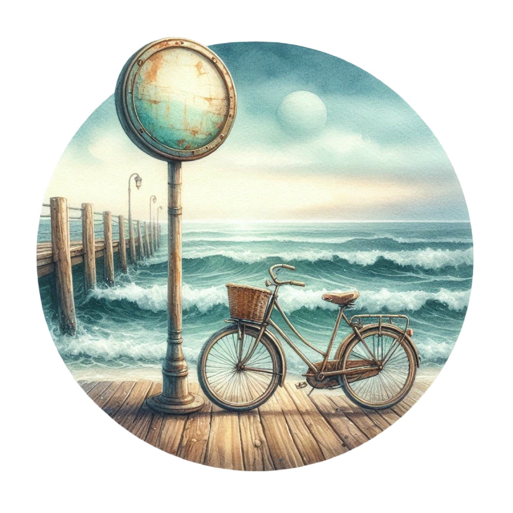 Summer Beach Round Fabric Panel 18 showing a vintage bike on a wooden pier with ocean waves under a cloudy sky.