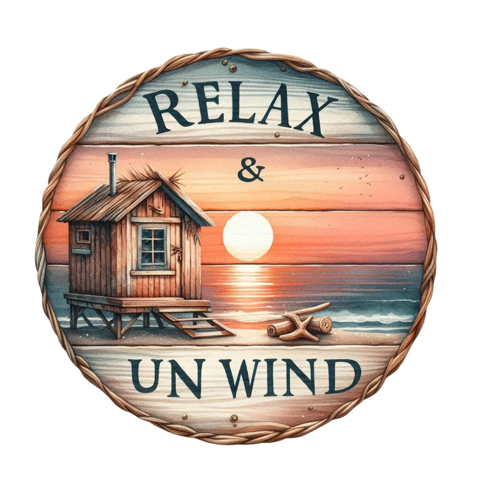 Summer Beach Round Fabric Panel 24 with a cozy beach cabin and sunset, printed on premium quilting cotton fabric.