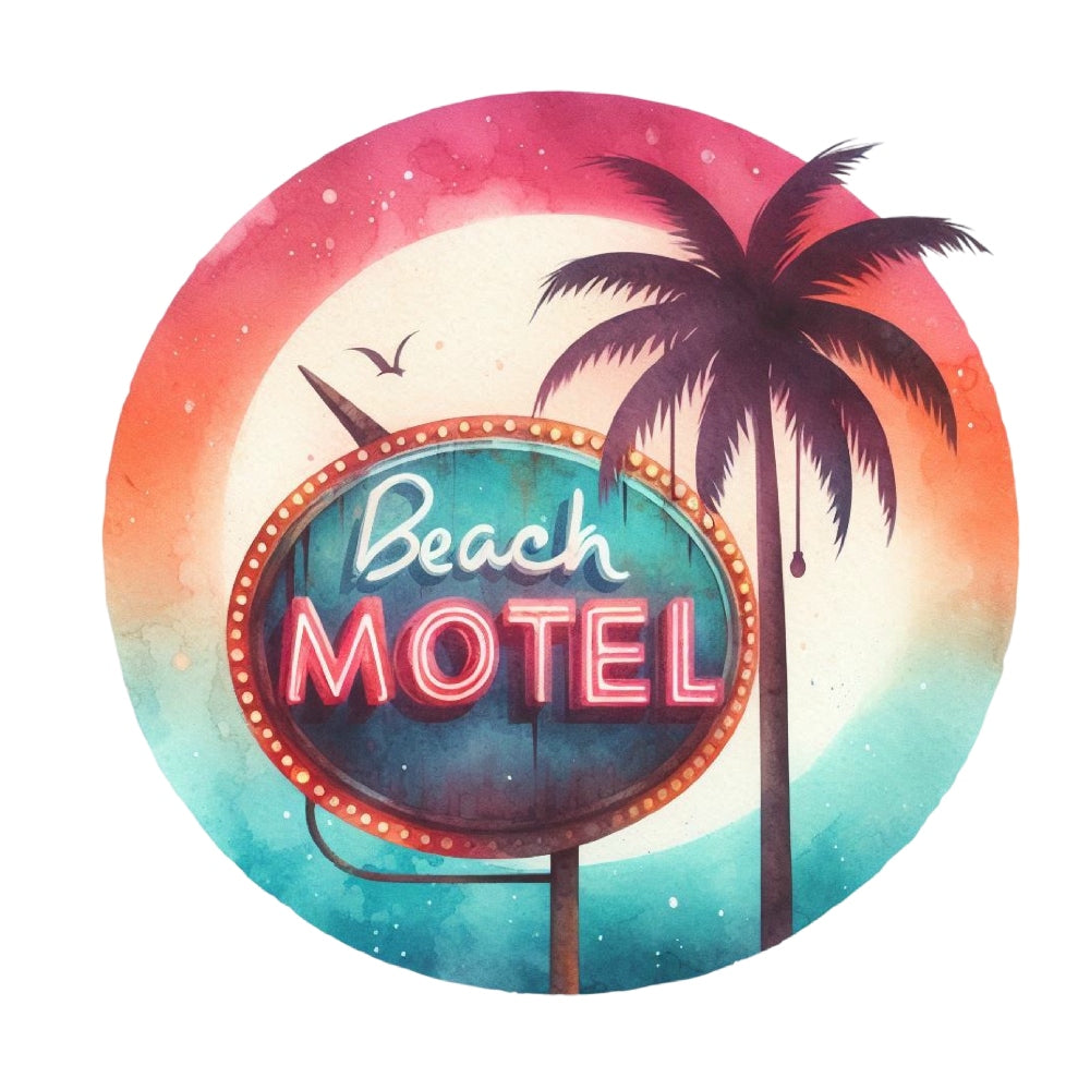 Summer Beach Round Fabric Panel 27 featuring a retro "Beach Motel" sign with palm trees and sunset printed on premium cotton