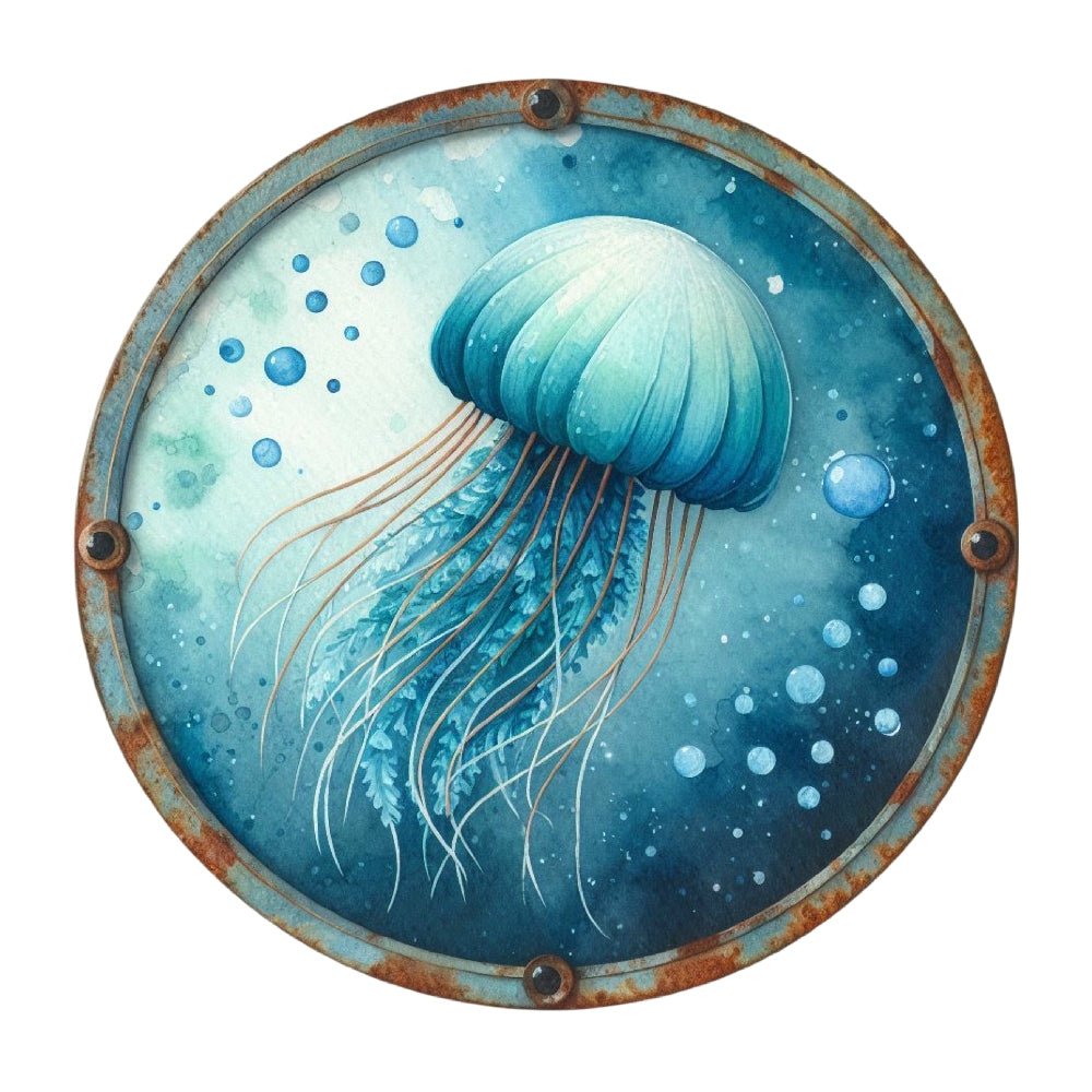Summer Beach Round Fabric Panel 31 featuring a detailed blue jellyfish underwater with bubbles on premium quilting cotton.