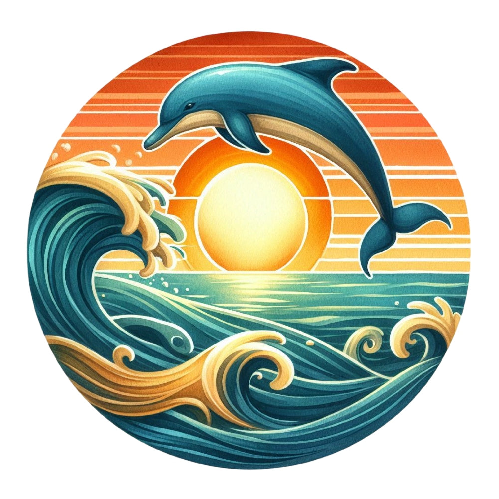 Summer Beach Round Fabric Panel 7 featuring a vibrant dolphin leaping over ocean waves at sunset in premium quilting cotton.