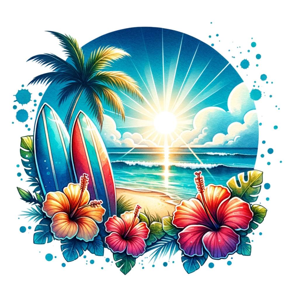 Summer at the Beach Fabric Panel 10 featuring vibrant hibiscus flowers, surfboards, palm tree, and a glowing sunset over the ocean.