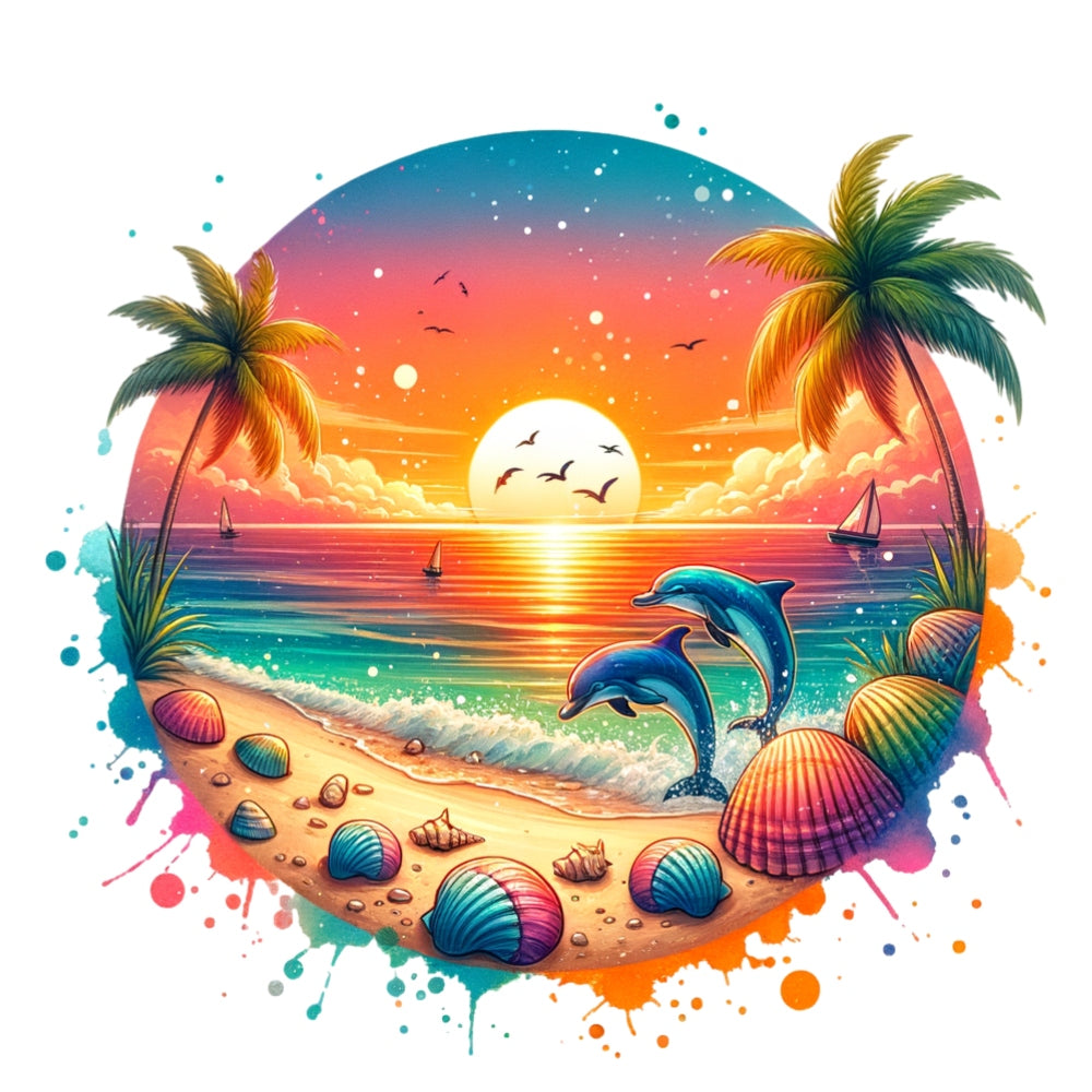 Summer at the Beach Fabric Panel 13 showing a vibrant sunset with dolphins, palm trees, seashells, and sailboats on a sandy shore.