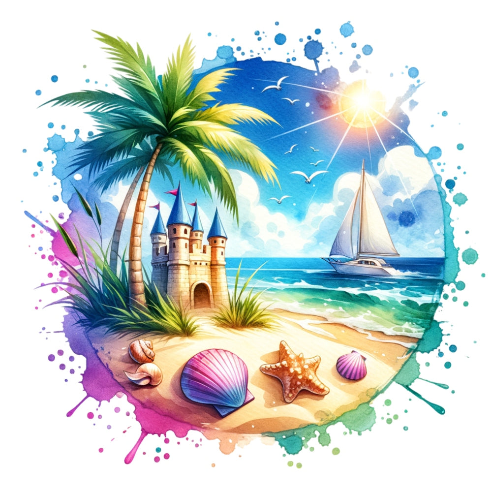 Summer at the Beach Fabric Panel 2 featuring a vibrant beach scene with palm trees, seashells, starfish, and a sailboat under a sunny sky.