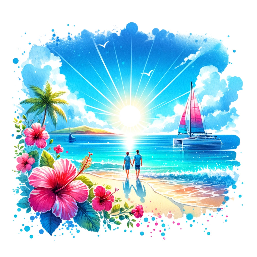 Summer at the Beach Fabric Panel 4 featuring a vibrant beach scene with hibiscus flowers, palm tree, couple, and sailboat at sunset.