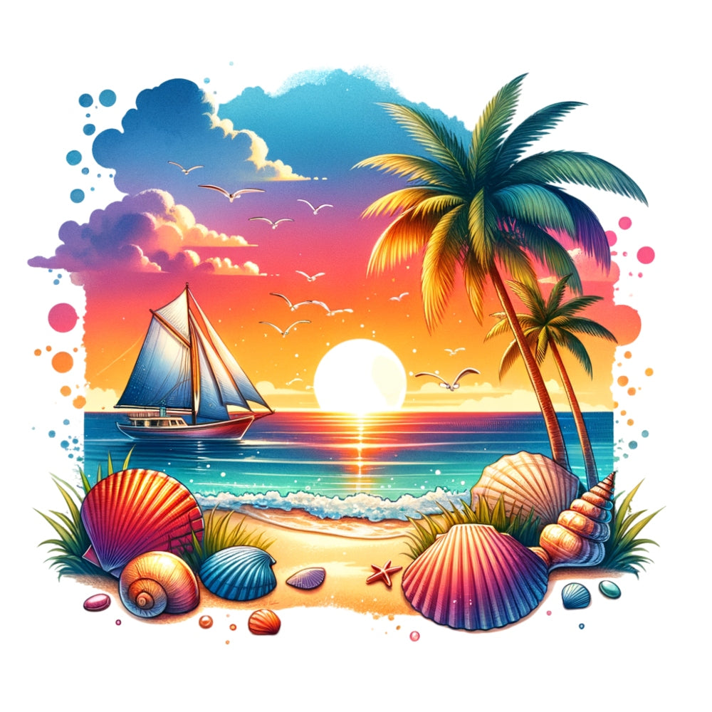 Summer at the Beach Fabric Panel 7 featuring a vibrant sunset, sailboat, palm trees, and colorful seashells on the shore.