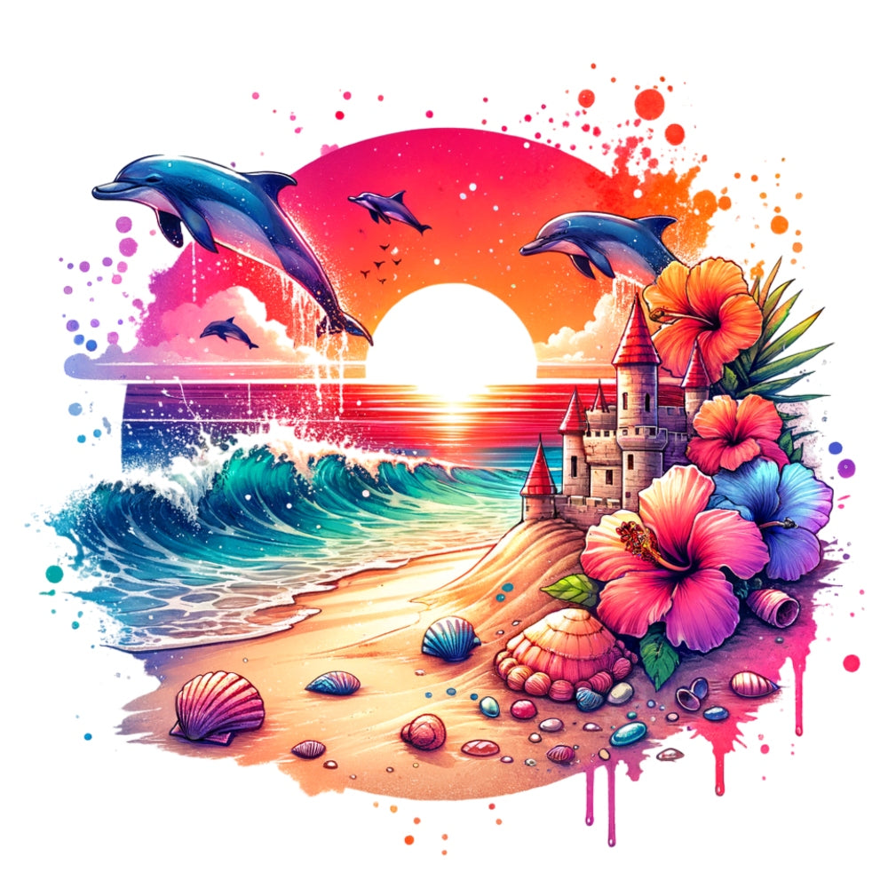 Summer at the Beach Fabric Panel 9 featuring dolphins, vibrant sunset, waves, flowers, shells, and a sandcastle on the shore.
