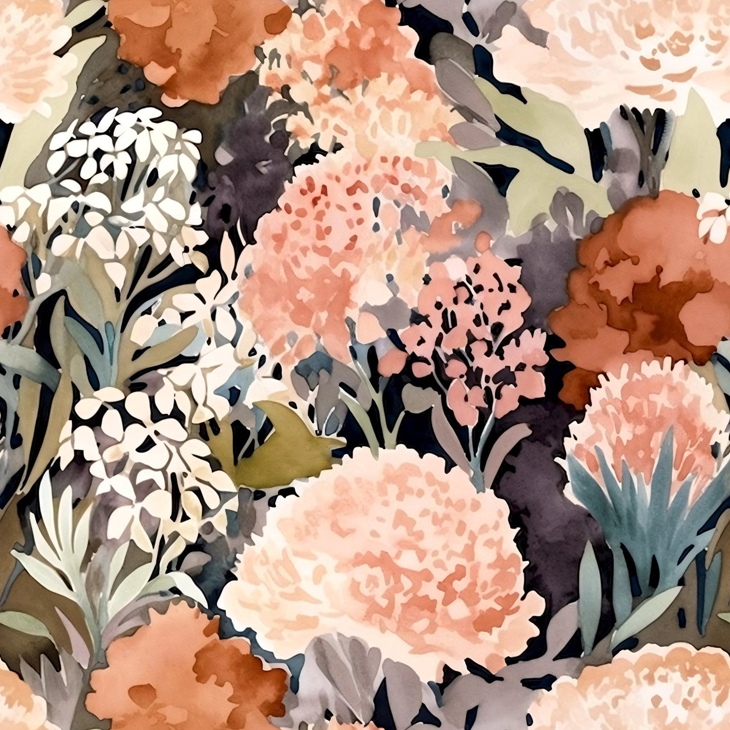 Terracotta Blush Beige Watercolor Florals Pattern 6 Quilting Cotton Fabric