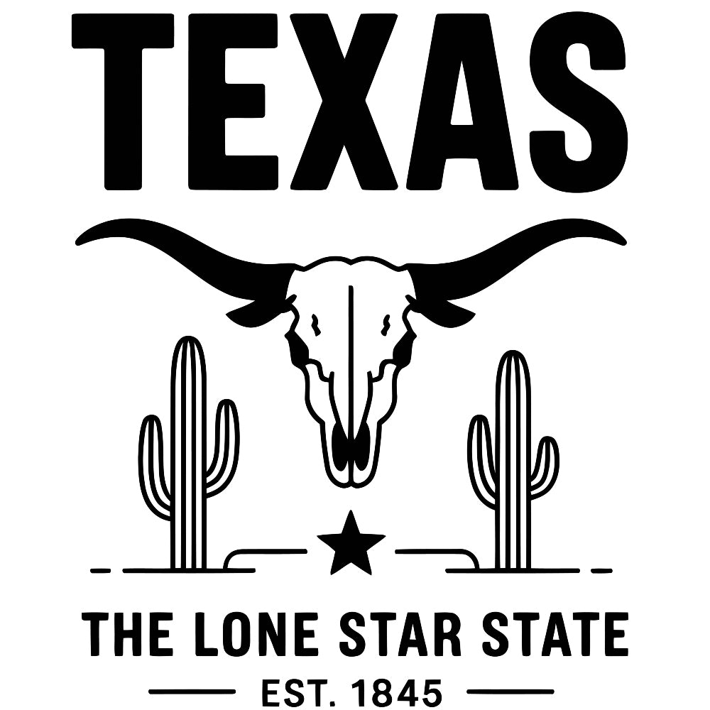Texas Black and White Fabric Panel featuring Texas text, longhorn skull, cacti, and Lone Star State design in premium quilting cotton.