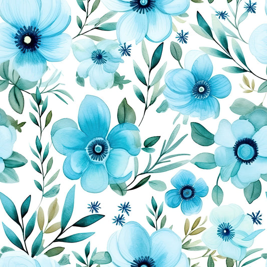 Turquoise Watercolor Flower Pattern 11 Quilting Cotton Fabric