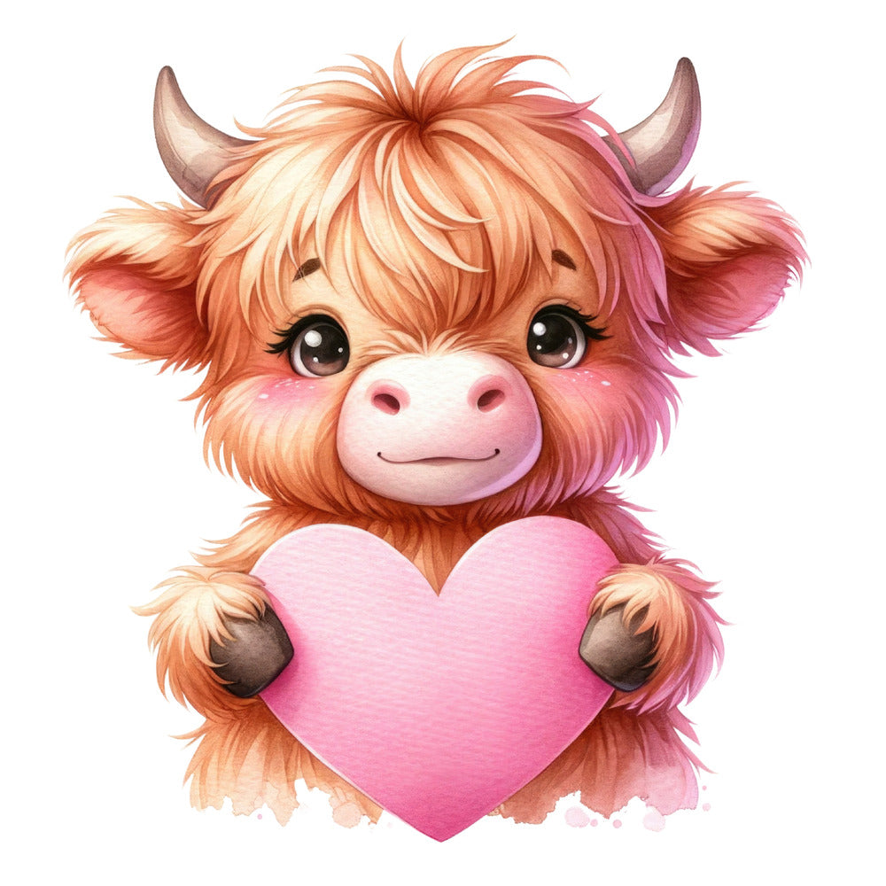 Valentine Highland Cow Fabric Panel 12 featuring a cute highland cow holding a pink heart on premium quilting cotton fabric.