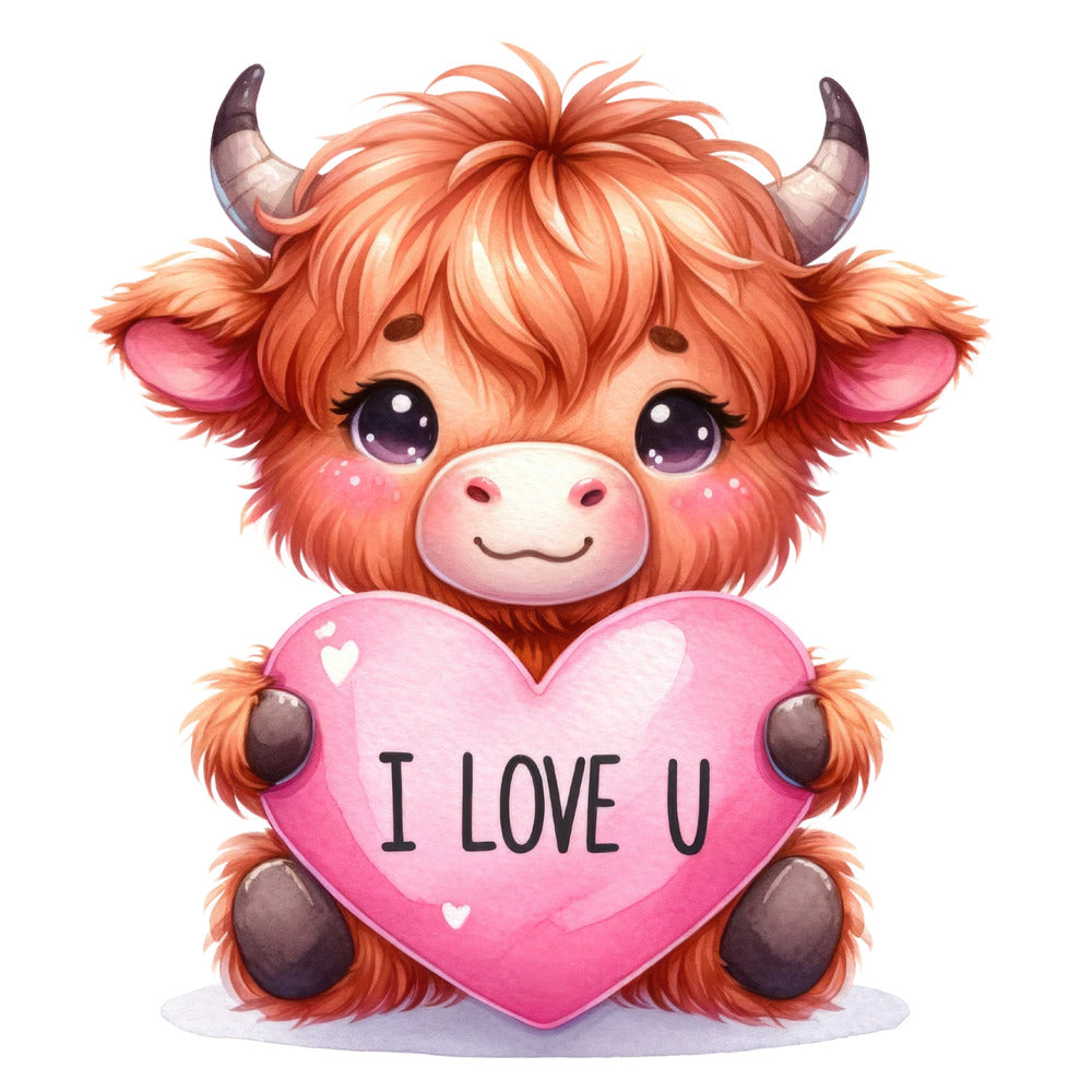 Valentine Highland Cow Fabric Panel 3 featuring a cute highland cow holding a pink heart with "I LOVE U" text on premium quilting cotton.