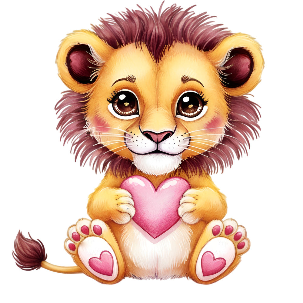 Valentine Tropical Lion Fabric Panel featuring a cute lion cub holding a pink heart, printed on premium quilting cotton.