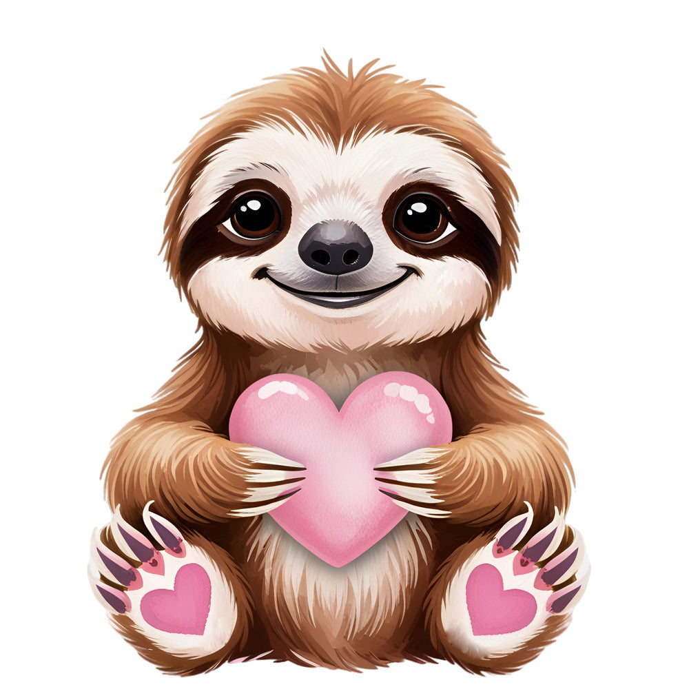 Valentine Tropical Sloth Fabric Panel showing a cute smiling sloth holding a pink heart with heart-shaped paw pads.