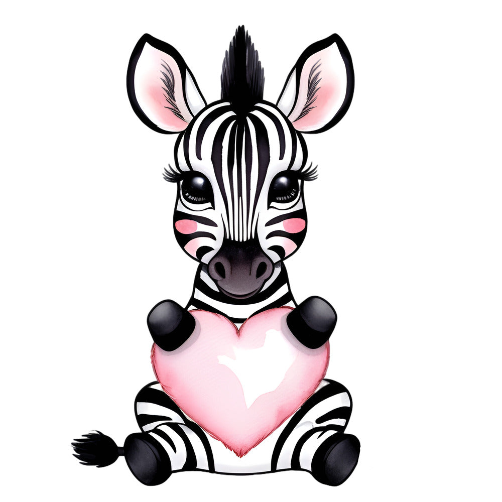 Valentine Tropical Zebra Fabric Panel featuring a cute zebra holding a pink heart, printed on premium quilting cotton.