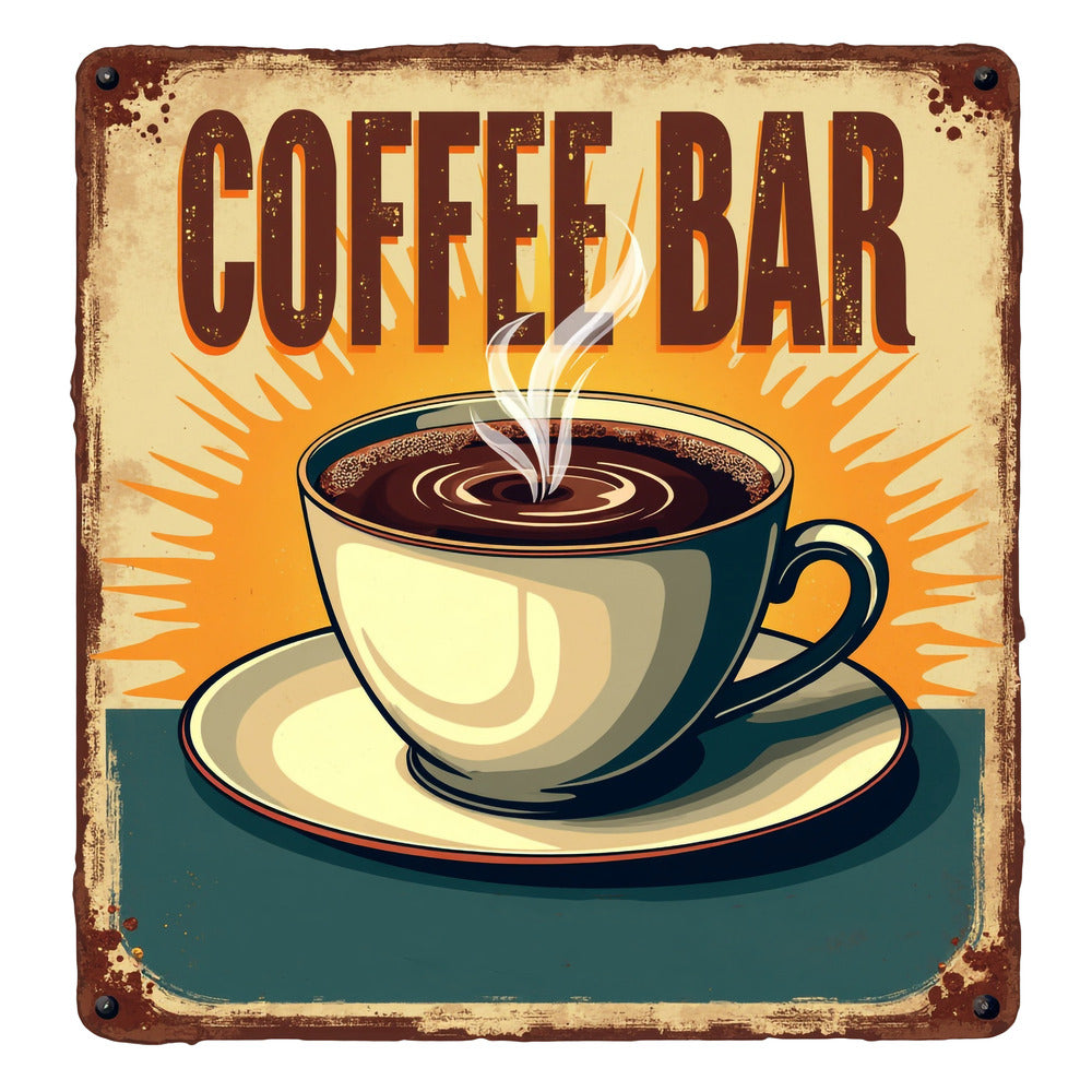 Vintage Coffee Signs Fabric Panel 10 featuring a steaming coffee cup with retro Coffee Bar text on premium quilting cotton fabric.