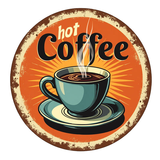 Vintage Coffee Signs Fabric Panel 11 featuring a steaming cup of hot coffee with retro orange and brown tones.