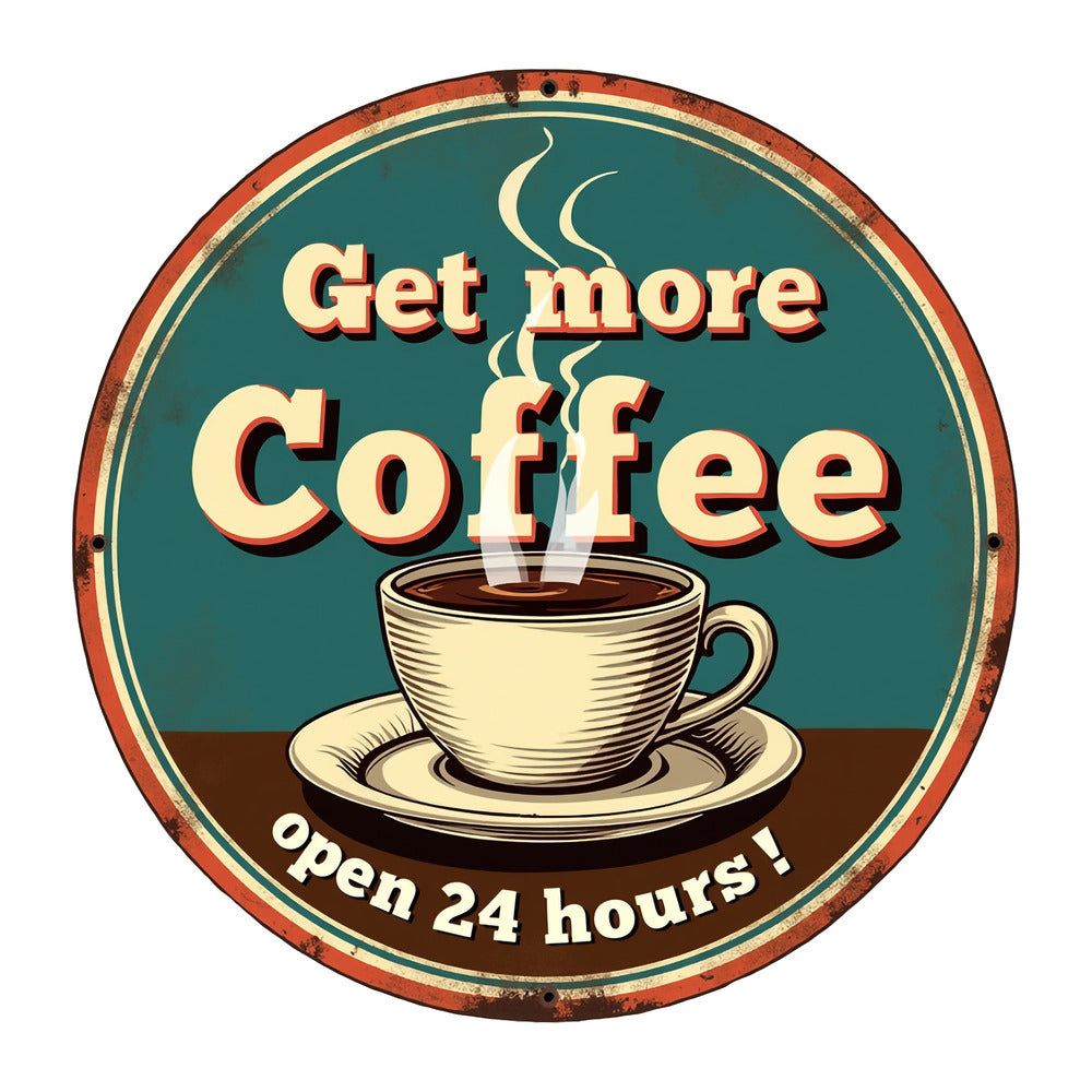 Vintage Coffee Signs Fabric Panel 12 featuring a retro round sign with steaming coffee cup and "Get more Coffee open 24 hours" text.