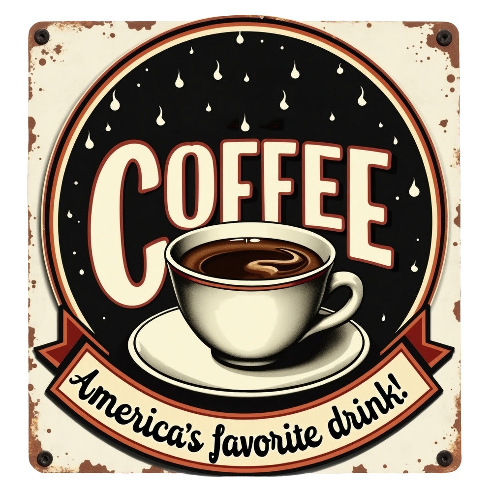 Vintage Coffee Signs Fabric Panel 13 features a retro coffee cup design with "America's favorite drink" slogan on premium quilting cotton.