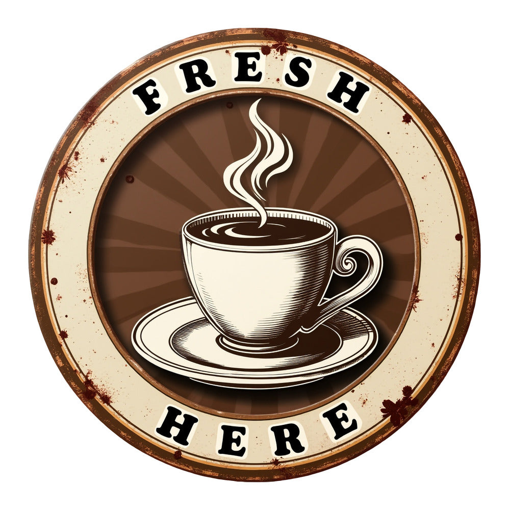 Vintage Coffee Signs Fabric Panel 14 featuring a steaming coffee cup illustration with "Fresh Here" text in a retro style design.