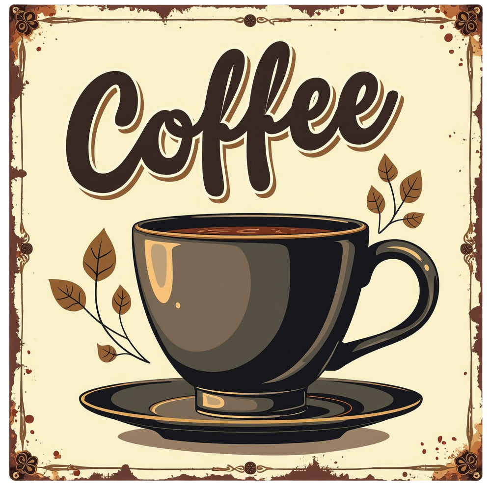 Vintage Coffee Signs Fabric Panel 16 featuring a retro-style coffee cup illustration with brown tones on premium quilting cotton fabric.