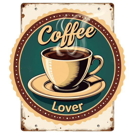 Vintage Coffee Signs Fabric Panel 2 features a retro coffee cup design with steaming brew and "Coffee Lover" text on quilting cotton.
