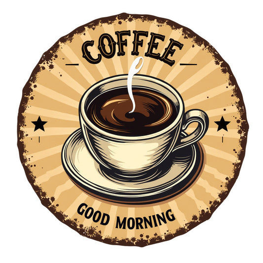 Vintage Coffee Signs Fabric Panel 7 with a steaming cup of coffee and "Good Morning" text in retro style design.