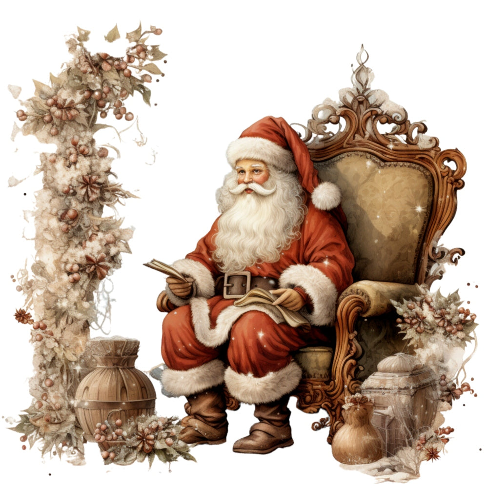 Vintage Santa Claus Fabric Panel 3 depicting classic Santa sitting on an ornate chair surrounded by rustic holiday decorations.