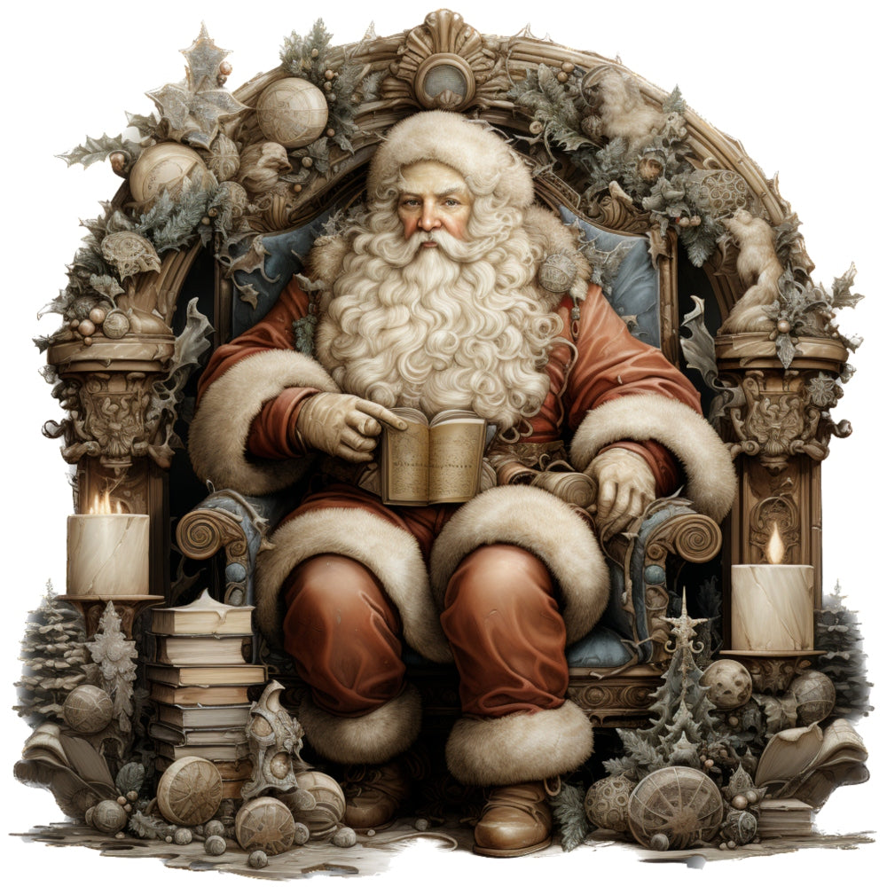 Vintage Santa Claus Fabric Panel 4 featuring detailed vintage-style Santa seated with a book on premium quilting cotton fabric.