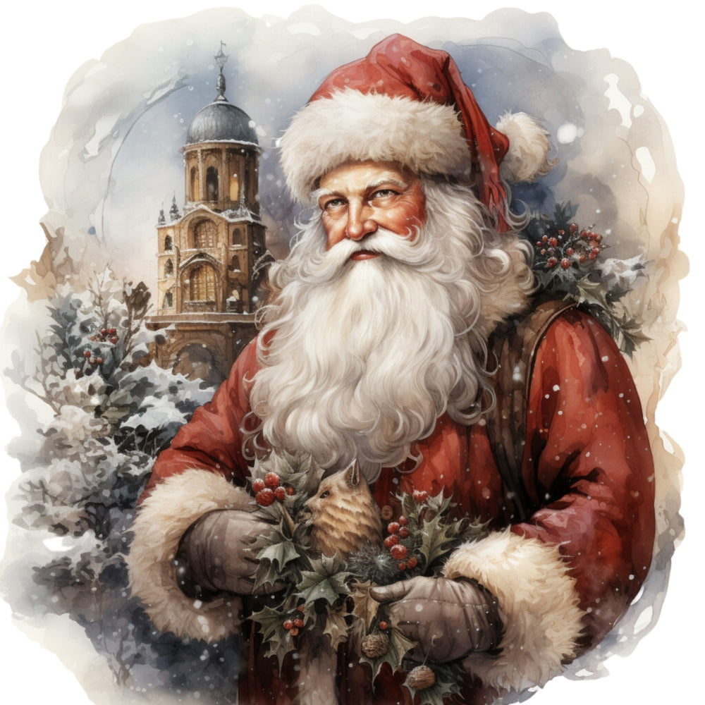 Vintage Santa Claus Fabric Panel 7 featuring detailed Santa in red suit holding holly with snowy church background.