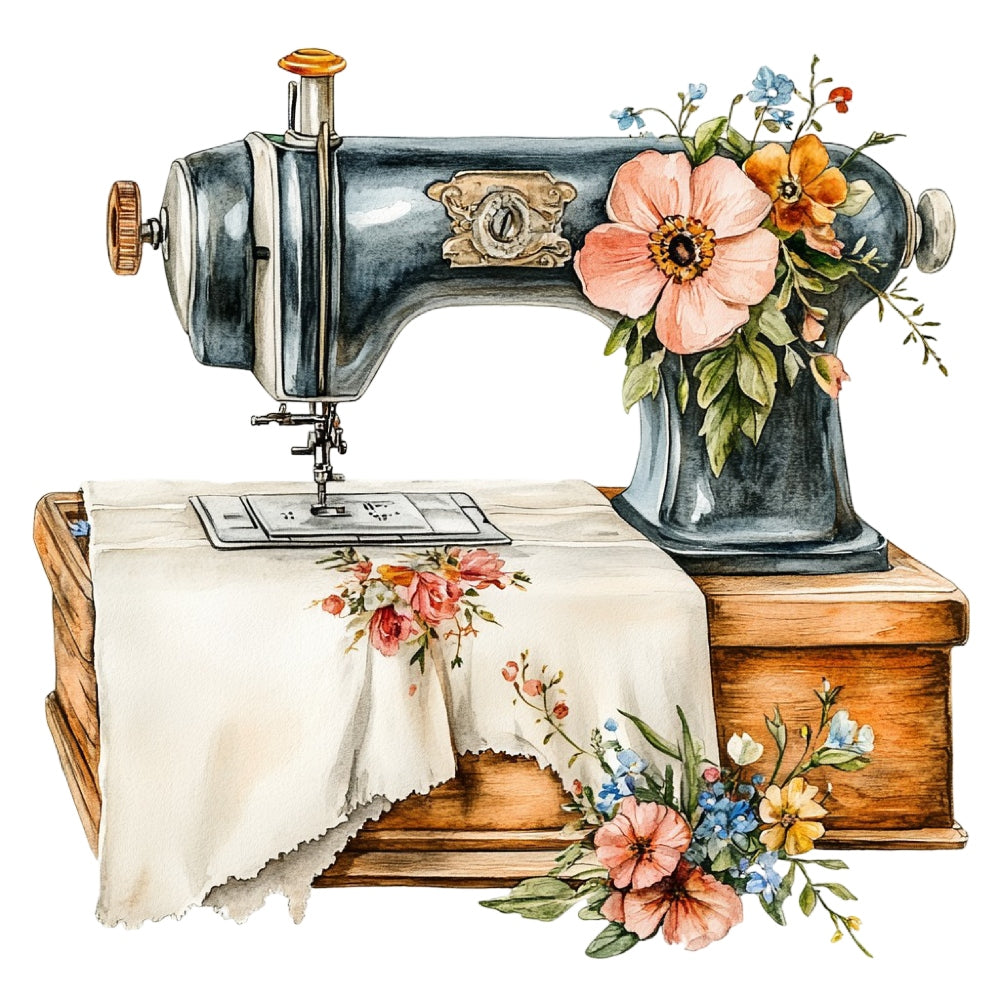 Vintage Sewing Machine Fabric Panel 11 showing a detailed vintage sewing machine adorned with colorful flowers on premium fabric.